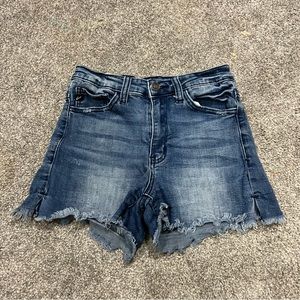 Kancan jean shorts womens 25 blue dark wash low rise cutoff raw hem casual denim